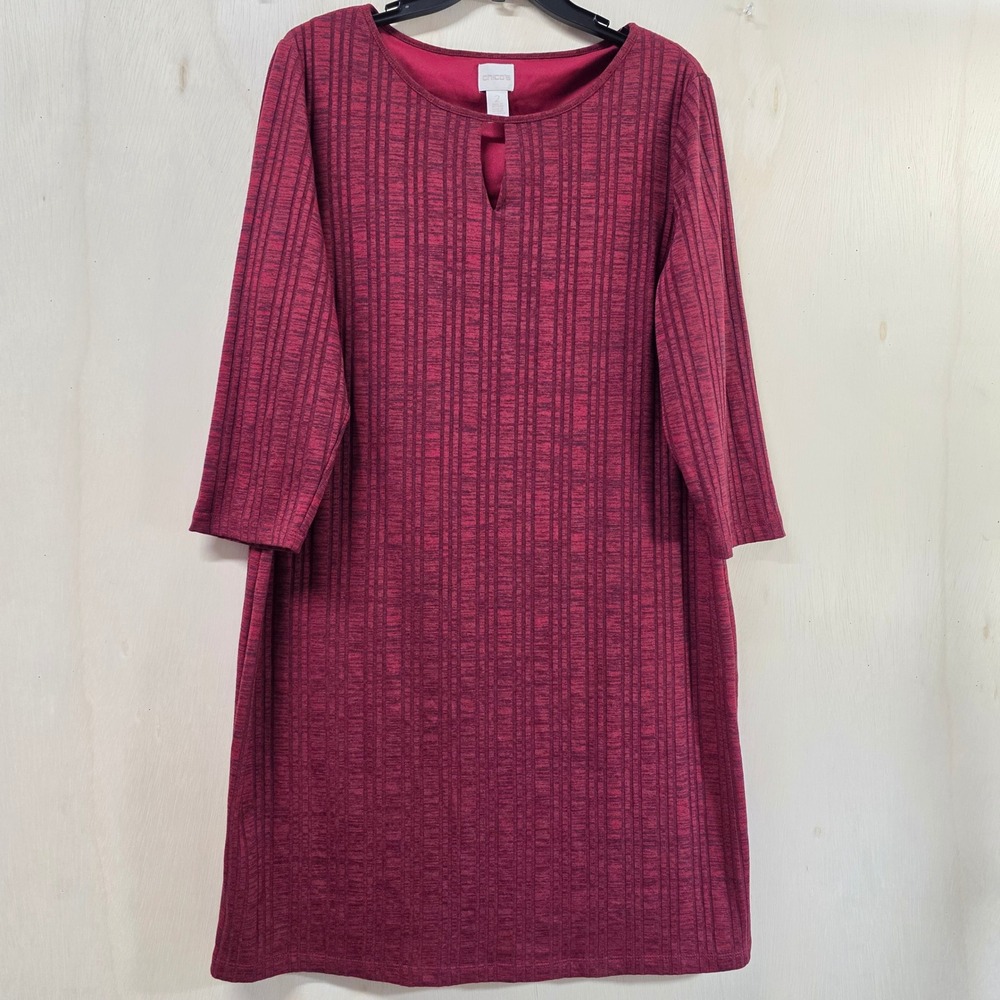 Chico's Space Dye Ribbed Shift Dress Keyhole 3/4 Sleeve Burgundy 2 US 12 Large